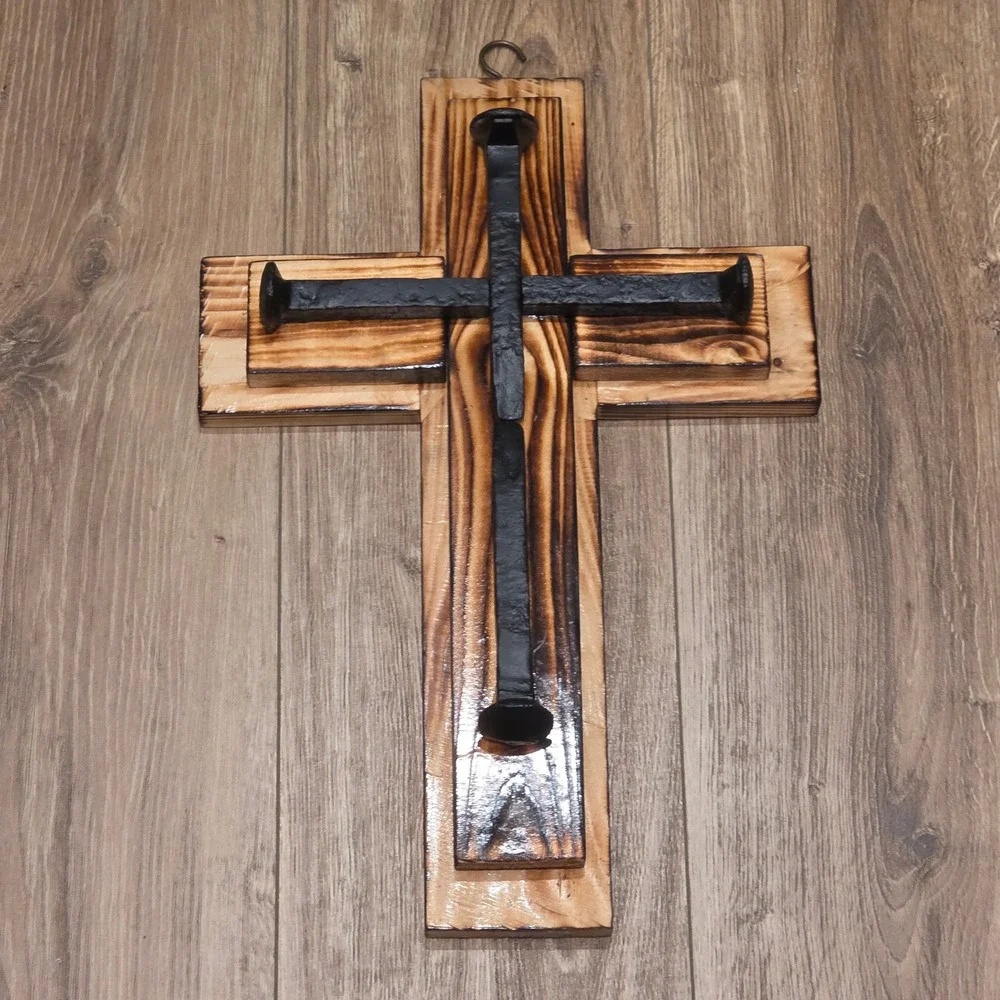 Handcrafted Distressed Wood Cross, Black Metal Nail Spikes, Rustic Spiritual Art